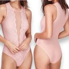 Victoria's Secret lacey illusion top mesh sexy lingerie bodysuit in pink. thumbnail 2