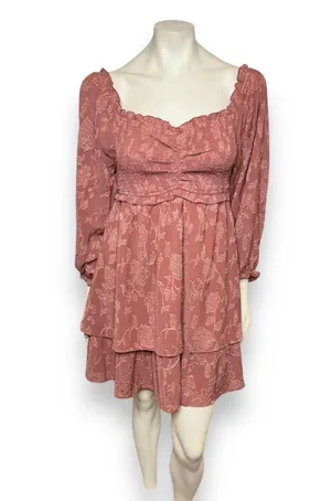 Pink Lily | Textured Floral Long Sleeve Cinched Bust Smocked Mini Tiered Dress L thumbnail 15