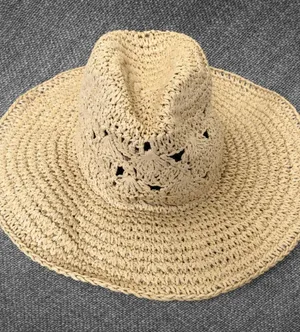 Women’s Beige Crochet Paper Straw Wide Brim Sun Hat thumbnail 1