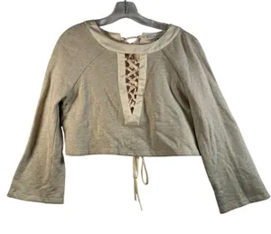 Endless Rose Beige Ribbed Bell Sleeve Lace‎ Up Front Cropped Sweatshirt Top M thumbnail 1
