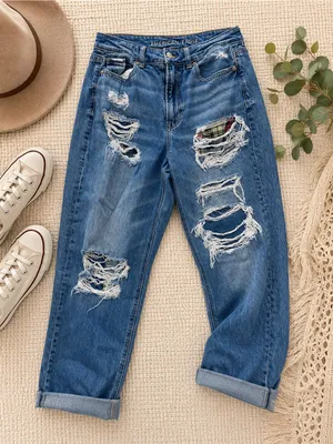 American Eagle Outfitters Ripped Patchwork Straight Mom Jeans thumbnail 1