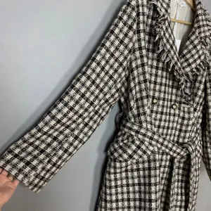 NWT Grace Karin Tweed Pea Coat Plaid Women Size XL Raw Edges Belted Cream Brown‎ thumbnail 13