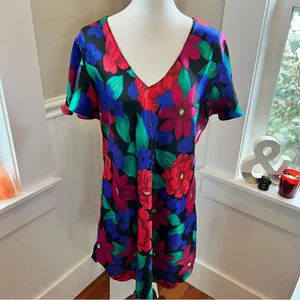 Barbizon Vintage Floral V-Neck Mini Dress Satiny‎ Short Sleeve Large thumbnail 9