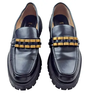 Zara Black Gold Chunk Platform Flat Loafer Shoe Sz 41 Women's 10.5 thumbnail 1