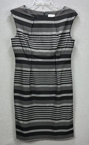 Calvin Klein Sheath Dress 12 Gray Black Stripe Classic Work Office NO BELT thumbnail 1