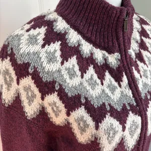 LL Bean Lambs Wool Knit Cardigan Sweater Zip Fair Isle Burgundy Small thumbnail 2