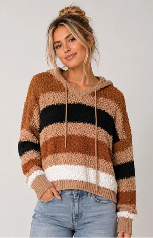 Striped Popcorn Knit Hooded Sweater Women’s thumbnail 1