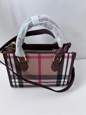 Classic Check Canvas Mini Tote Bag - Pink Stripe Brown Leather Crossbody thumbnail 5