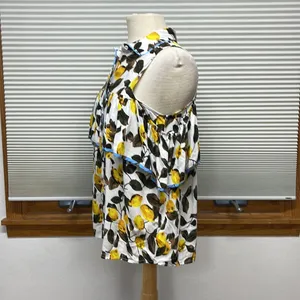 Entro NWT Off White Lemon Print Button Down Open Shoulder Ruffle Top thumbnail 7
