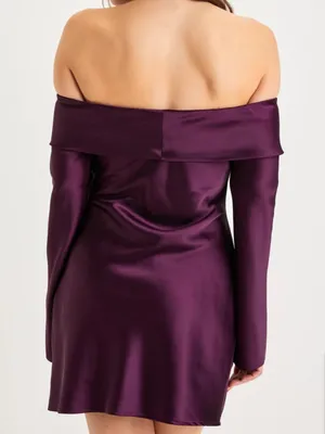 Lulus Luxurious Vision Plum Purple Satin Off-the-Shoulder Mini Dress thumbnail 2