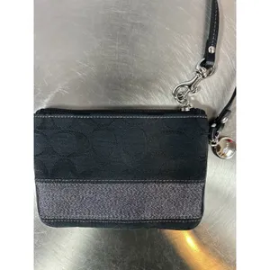 Vtg Coach Signature Black Jacquard Wristlet Metallic Silver Stripe Zip Pouch thumbnail 3