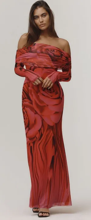 Anthropologie AFRM Long-Sleeve Off-The-Shoulder Mesh Maxi Dress thumbnail 1