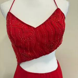 VTG Y2K Showtime Red Beaded Asymmetrical Midriff Cutout Prom Gown Sexy Witch 90s thumbnail 3