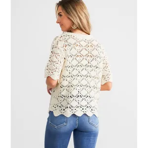 Willow & Root Diamond Pointelle Cardigan Sweater Cream Sz M Cottagecore Boho Top thumbnail 2