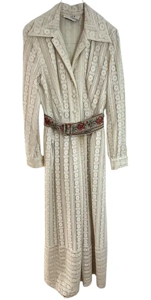 Vtg 70s John California Button Down Lace Dress Maxi Womens Cream Boho Collared thumbnail 1