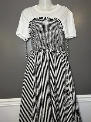Maeve Anthropologie Dress Womens Petite Medium Black White Striped Smocked Midi thumbnail 2