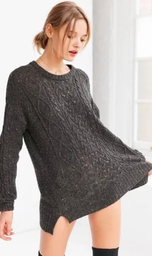 BDG Fall For cable Knit Speckled Crew Neck Sweater elbow patches Grey Large thumbnail 1