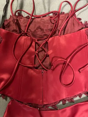 Polka USA Vintage Two-Piece Burgundy Satin Prom Dress Lace-Up Corset Top & Maxi thumbnail 7
