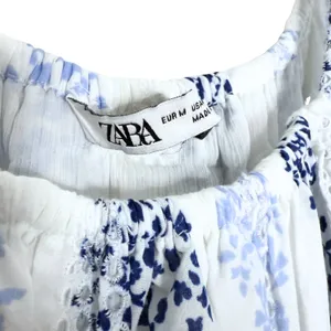 ZARA Floral Tiered Eyelet Lace Maxi Dress Medium White Blue Cottagecore Prairie thumbnail 5
