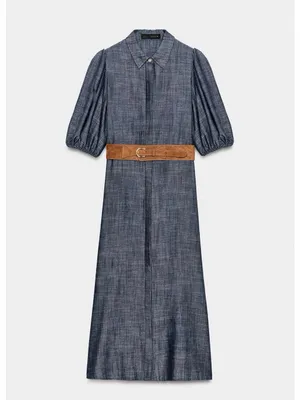 ZARA Blue Puff-Sleeve Maxi Shirt Dress with Belt thumbnail 7
