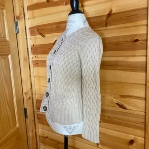 St Johns Bay Tan Button Up Round Neck Cardigan w/Ribbed Back & Woven Front Sz S thumbnail 2