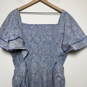 Women Cotton Smocked Midi Dress XL Blue Paisley Flutter Sleeve Nap Cottage thumbnail 9