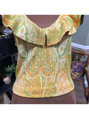 Zara Paisley Ruffle Blouse – Yellow & Green, Size Medium thumbnail 9