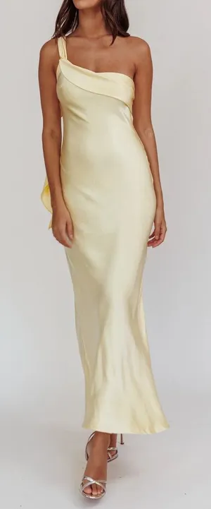 Selfie Leslie One-Shoulder Satin Slip Dress in Pale Yellow thumbnail 1