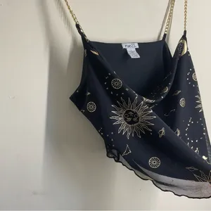 Rue21 Vintage Y2K Celestial Print Cowl Neck Cami Top Chain Straps Black Gold L thumbnail 5
