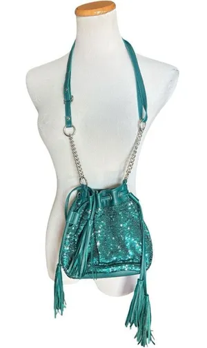 Womens Ion Turquoise Sequins Crossbody Chain Strap Cinch Tassel Purse thumbnail 1