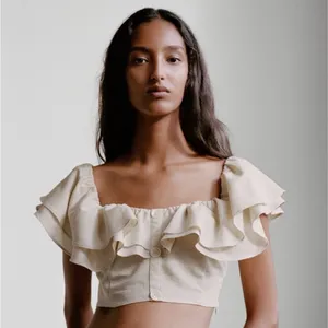 Zara‎ Women Linen Blend Beige Cropped Ruffle Cottagecore Boho Peasant Top Size S thumbnail 8