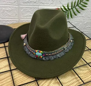 Dark Green‎ Western Cowboy, Cowgirl Hat, Bead Tassle Strap, Men Women Wide Brim thumbnail 1