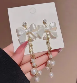 Elegant Bow White Pearl Dangle Drop Earrings for Women,Pearl Earrings thumbnail 1