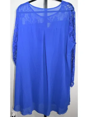Royal Blue Sheer Chiffon Tunic Dress Size 5XL – Lace Sleeve Layered Hem thumbnail 3