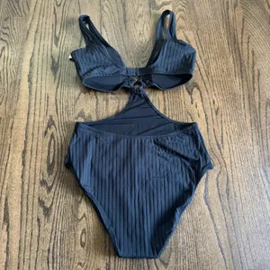 Aerie Womens Black Ribbed Cut Out Ring One Piece Monokini Swim Suit Size Large thumbnail 2