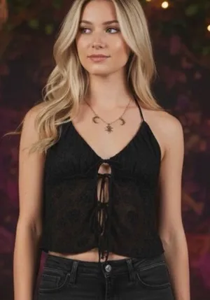 Zara Black Floral Embroidered Halter Crop Top Tie Front Whimsigoth M thumbnail 1