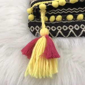 Just Fab Fold Over Bag Yellow Pom Pom Tassel‎ Trim Colorful Clutch Purse thumbnail 5