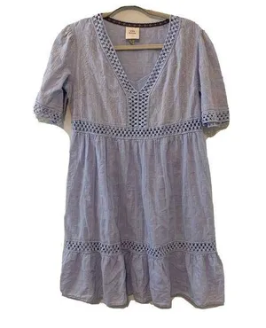 Knox Rose Womens Size Medium Blue Embroidered V Neck Lagenlook Tiered Dress thumbnail 1