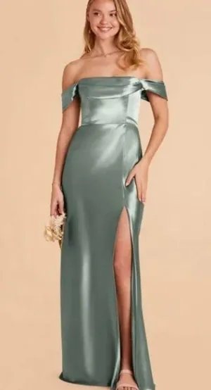 Birdy Grey Mia Shiny Satin Dress Gown Sea Glass High Slit Small Women's NWT thumbnail 1