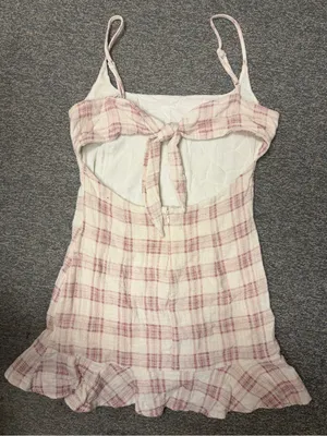 Olivaceous Plaid Mini Cotton Gauze Dress Pink Cottagecore Open Back M Ruffle Hem thumbnail 8