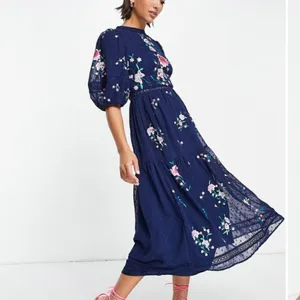 ASOS DESIGN High Neck Floral Embroidered Midi Dress Lace Trim Navy 6 NEW thumbnail 9