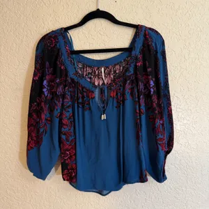 Free People Blouse Blue S Womens Floral Boho Peasant Top thumbnail 3