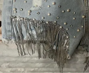 NEW Pearl Rhinestone Silver Sequin Fringe Distressed Denim Shorts SZ L thumbnail 2