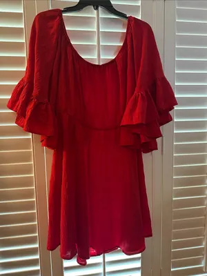 SHEIN Red Off-Shoulder Boho Textured Ruffled Dress XL thumbnail 3