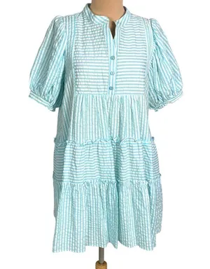 &merci Aqua White Striped Seersucker Tiered Mini Dress S Half Button Puff Sleeve thumbnail 2