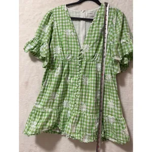 Sabo Skirt Green Gingham Floral Embroidered Mini Dress Womens Size 8 L V-Neck thumbnail 2
