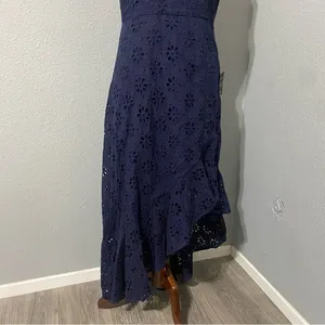 Lulus Navy Blue Holiday Sleeveless Trimmed Embroidered‎ Asymmetric Dress Sz M thumbnail 9