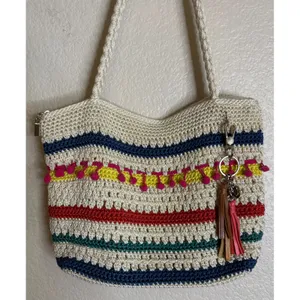 The Sak Womens Medium Shoulder Bag‎ Multi Color Striped Crochet Pom Pom Tassels thumbnail 2