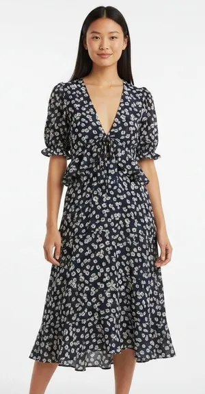 Lulus Anything Lovelier Navy Blue Floral Print Tiered Midi Dress Coastal Size S thumbnail 1