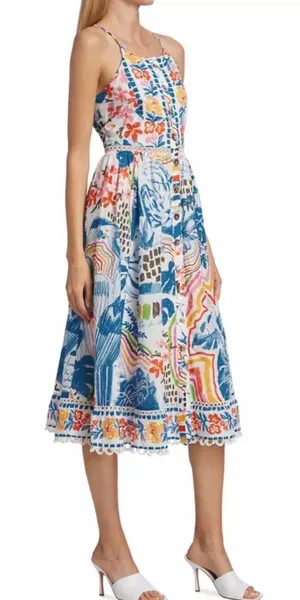 Farm Rio Cotton Floral Print Maxi Dress Eyelet Midi Fit Flare Dress Size XSmall thumbnail 1